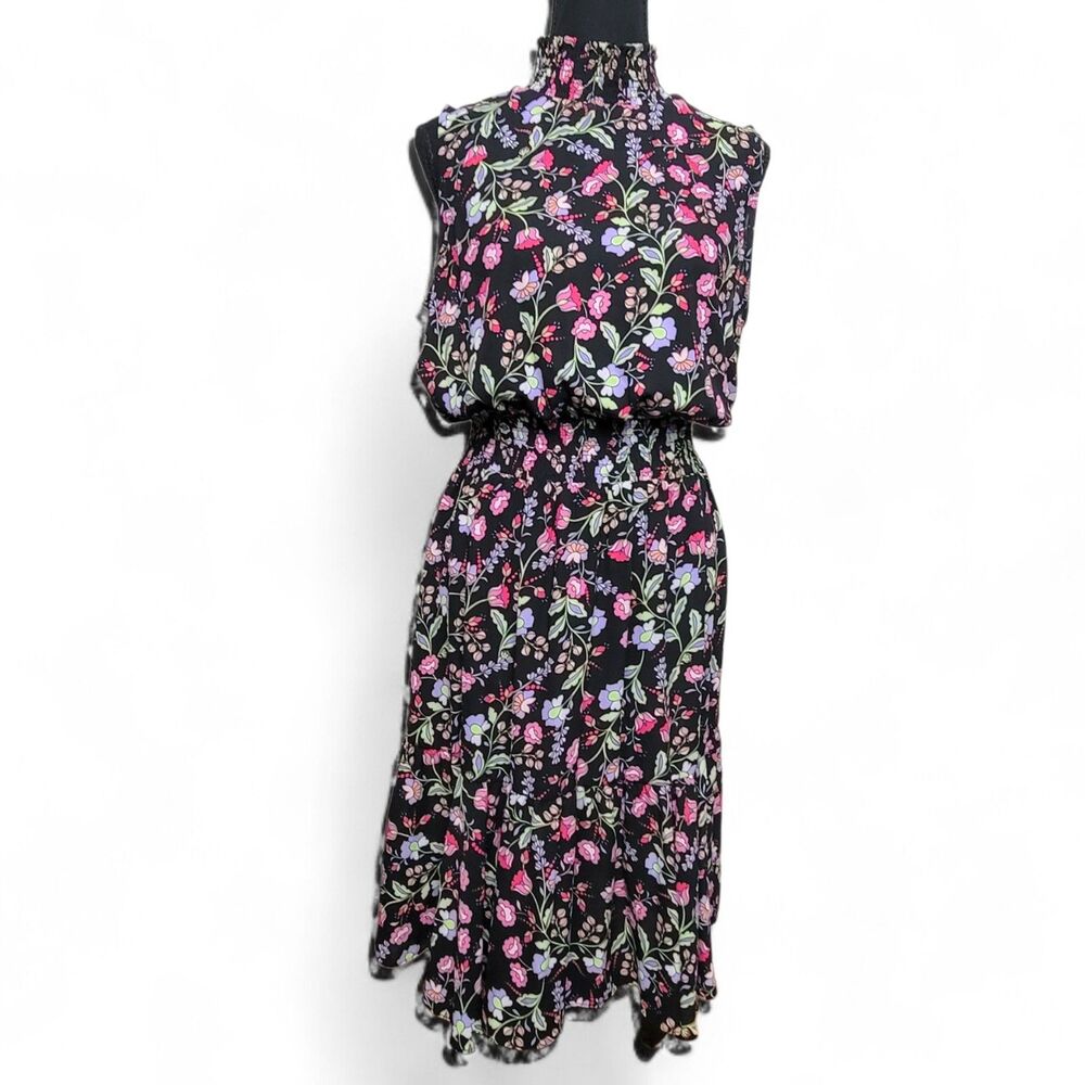 Nanette Lepore Midi Dress Women's 10 Black Floral Summer Party Cocktail Coastal